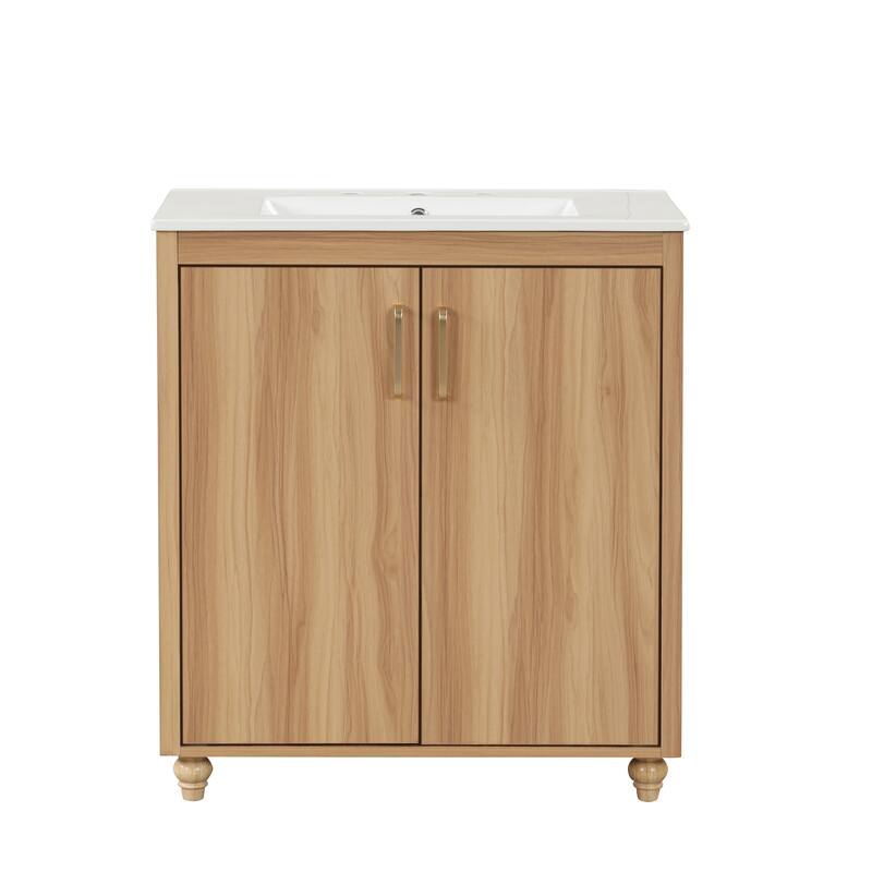 30" Bathroom Vanity, Center Rectangular Ceramic Sink Bathroom Cabinet, Natural - 30 Inch