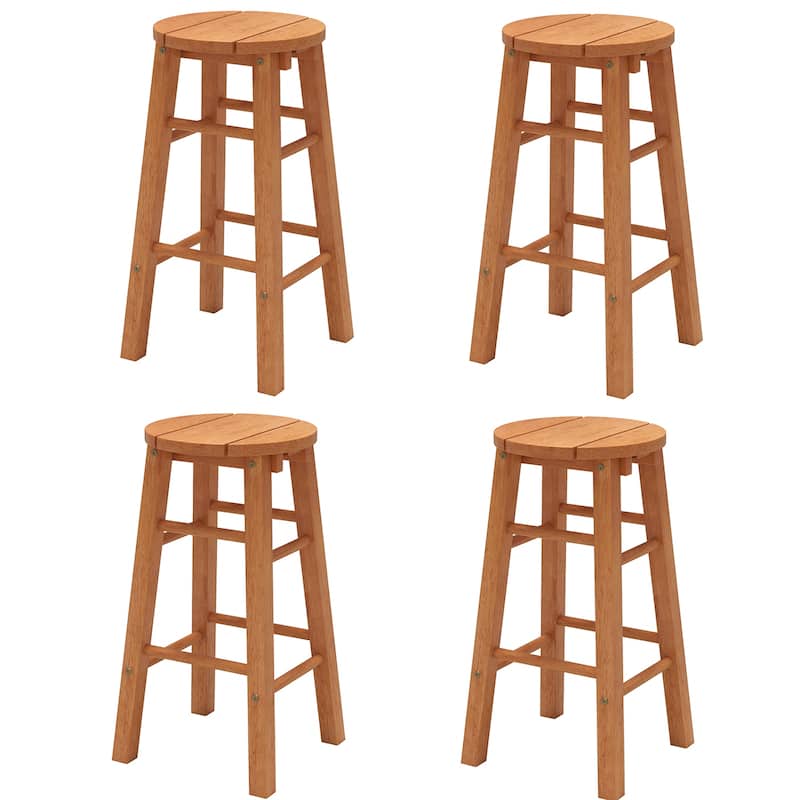 Gymax 24-Inch Outdoor Wood Bar Stools Set of 4 w/ Round Seat Footrest - Counter Height - Natural - Set of 4