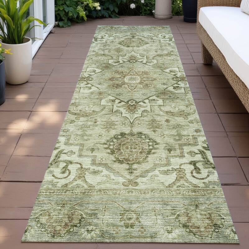 Machine Washable Indoor/Outdoor Traditional Vintage Chantille Rug - Sage - 2'3" x 7'6"
