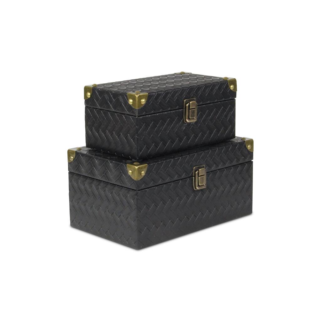 Set of 2 Woven Vinyl Pattern Boxes with Front Buckle and Bronze Corners