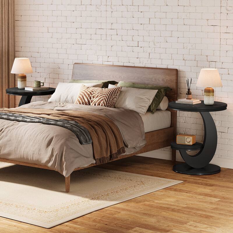 Round End Table, 2 Tiers Side Table with Storage Shelf