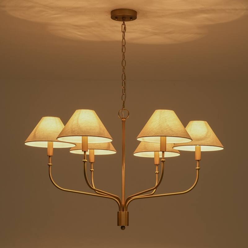 6-Light Modern Farmhouse Gold Linen Fabric Chandelier for Dining Room - 6 Light - White