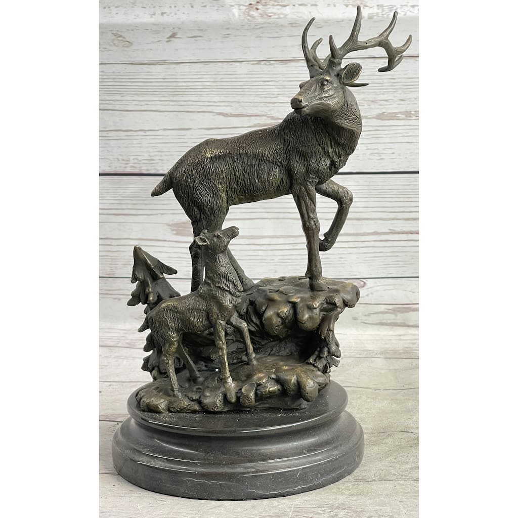 Signed Original Male Stag With His Baby Fawn Bronze Sculpture Marble Base Statue
