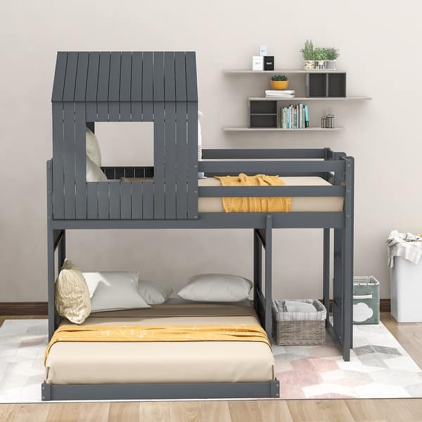 slide 2 of 29, Farmhouse Style Wooden Twin Over Full Bunk Bed with Playhouse, Natural Weathered Wood Grain Finish, Perfect for Sleep and Play Grey - Full