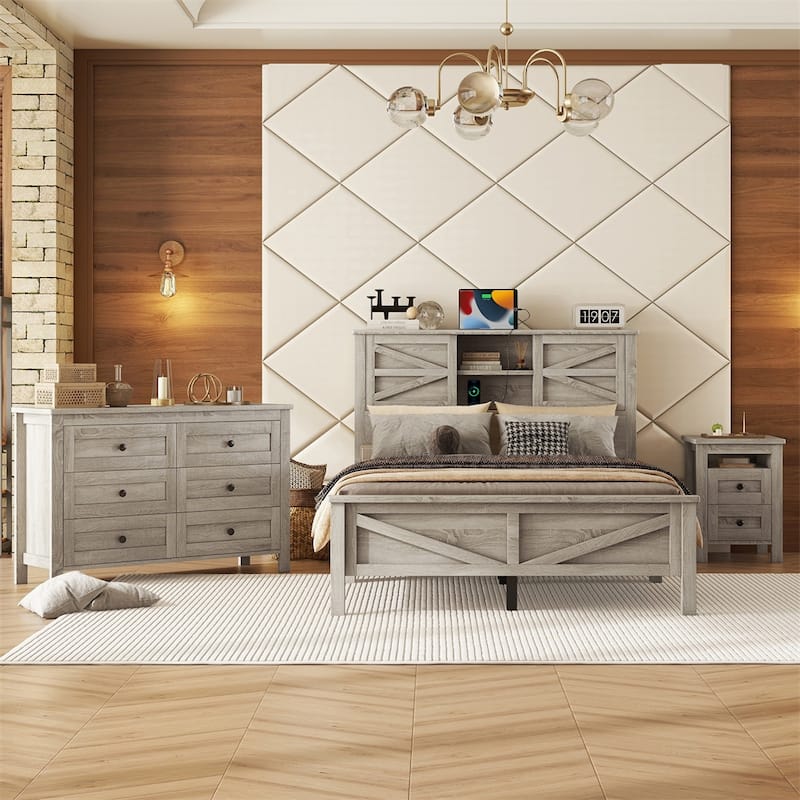 Bedroom Sets Full Size Platform Bed with Charging Station,Nightstand,Dresser(Set of 3)