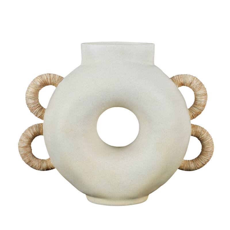 Cream Resin Round Speckled Vase with Woven Inspired Arched Handles and Cutout Opening