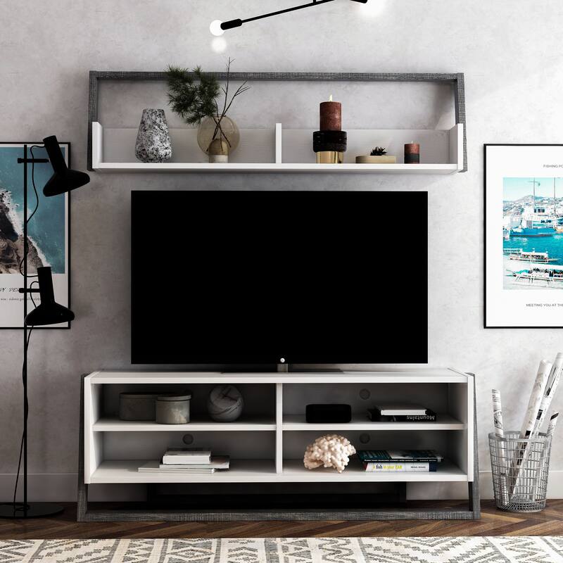 Isabelle Modern 2-Piece TV Console And Floating Shelf Set by Furniture of America - 104"W Distressed Grey