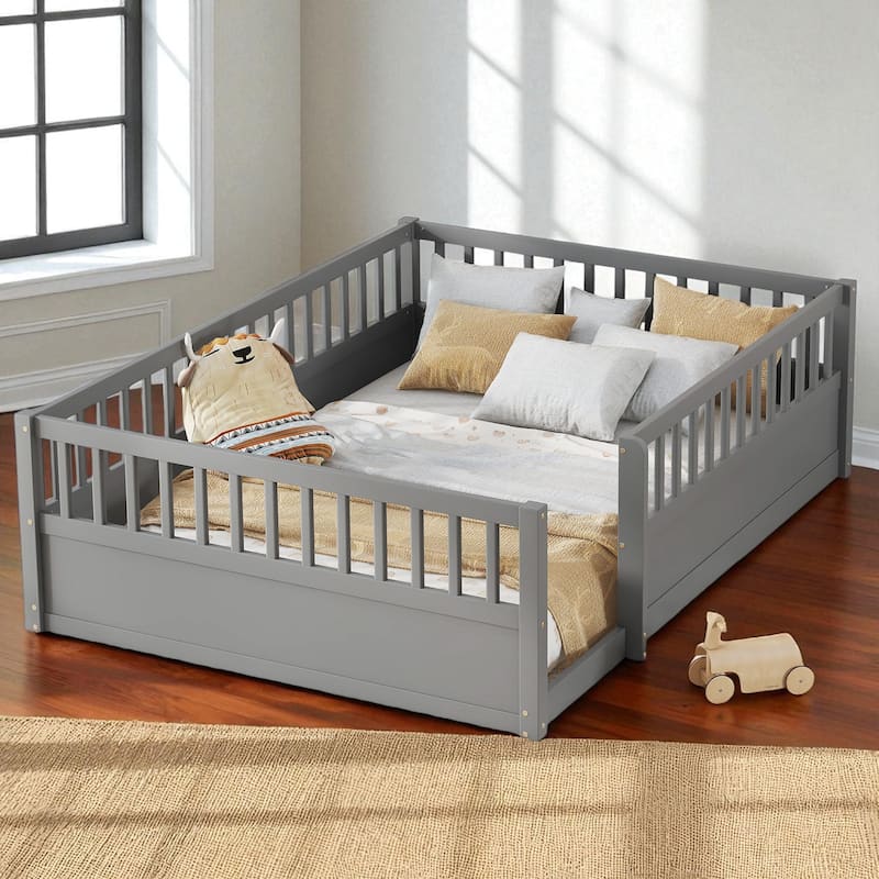 Twin/Full Montessori Floor Bed with High Fence & Open Door, Solid Pine, Playroom/Bedroom, No Box Spring - Grey - Full