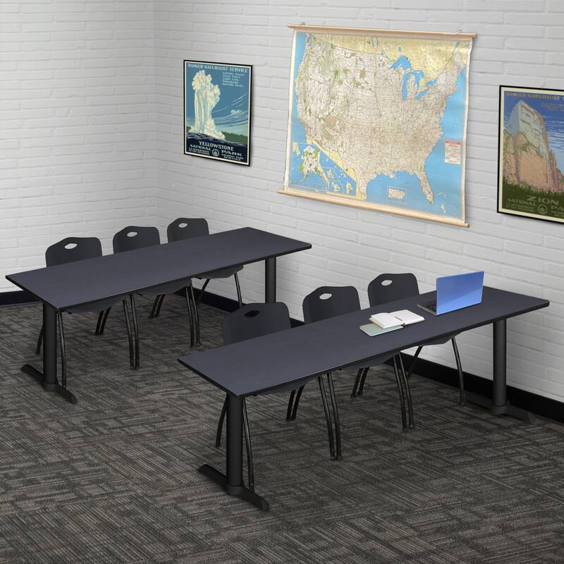 84" x 24" Training Table- Grey & 3 'M' Stack Chairs- Black