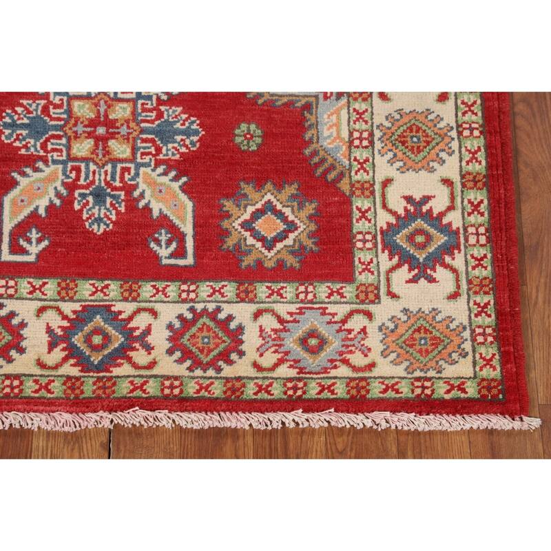 Geometric Red Kazak Accent Rug Handmade Wool Carpet - 3'2" x 5'1"