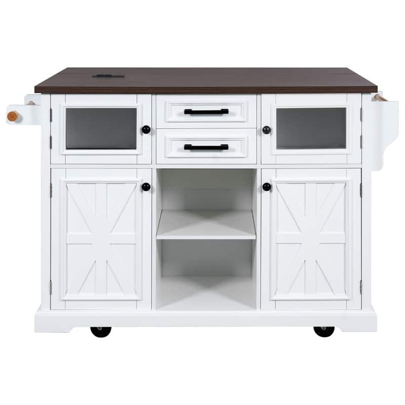 Kitchen Island with Drop Leaf, Power Outlet, 4 Door Shelves, Rolling Kitchen Island