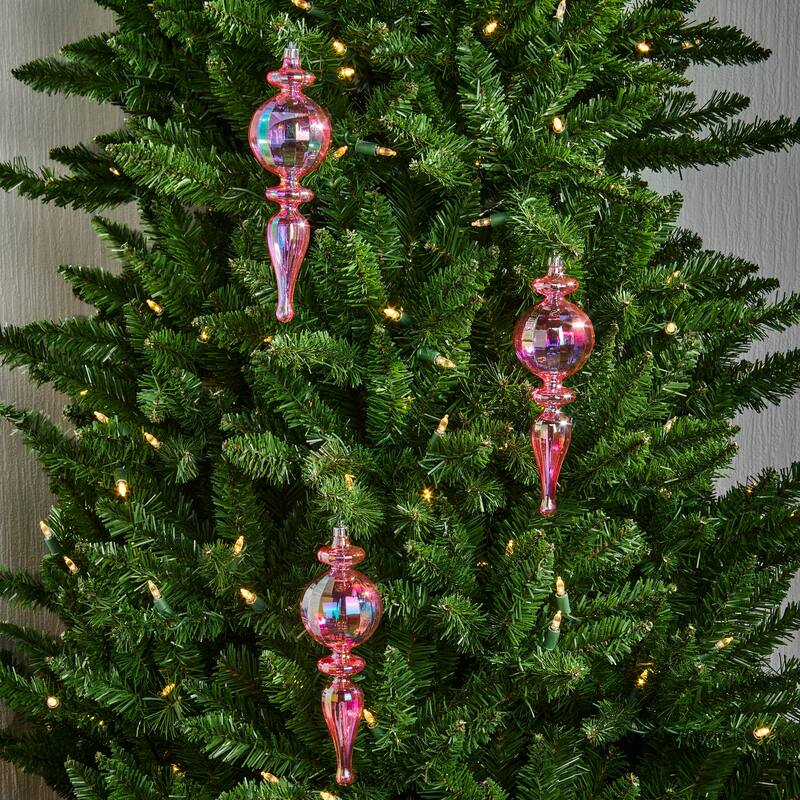 8" Shatterproof Plastic Iriddescent Finial Ornament Box of 3 - Pink