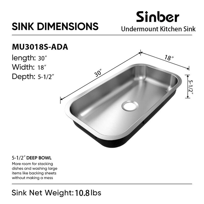 Sinber Undermount Single Bowl 304 Stainless Steel Kitchen Sink