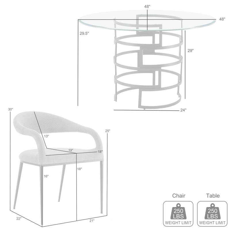Diaz Morgan 5 Piece Round Glass Dining Table Set with Metal Frame and Upholstered Chairs