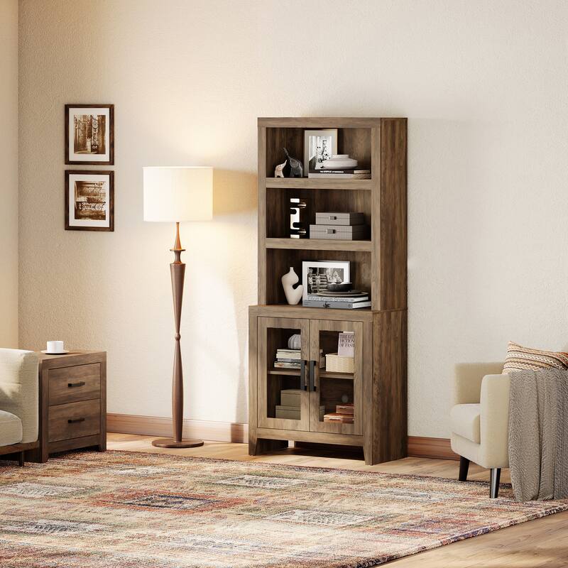 WAMPAT 3 Tier Bookshelf with Glass Door, 74" Tall Bookcase with Adjustable Shelf and Storage Cabinet, Farmhouse Wooden Bookshelf