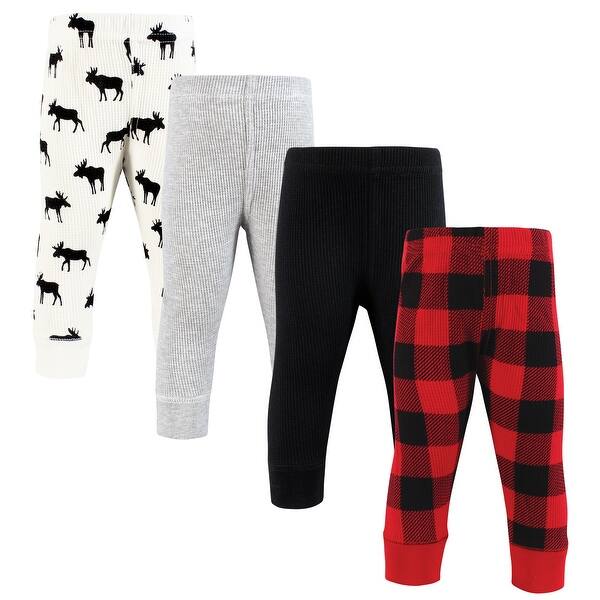 slide 1 of 1, Hudson Baby Infant Boy Thermal Tapered Ankle Pants 4pk, Buffalo Plaid Moose 0-3 Months - Buffalo Plaid Moose