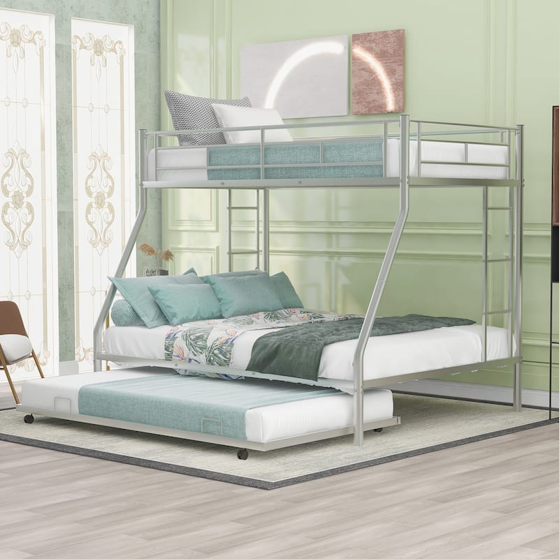 Bed with Sturdy Steel Frame, Bunk Bed with Twin Size Trundle, Two-Side Ladders - Silver