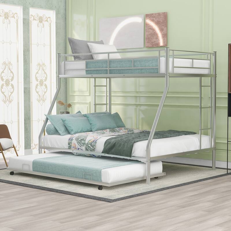 Twin Over Full Triple Bunk Bed with Trundle & Ladders, Steel Bedframe