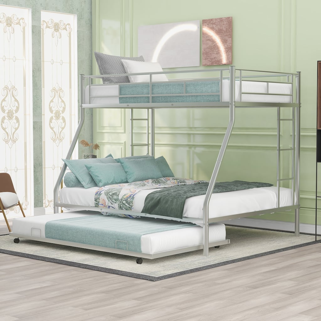 Twin over Full Bunk Bed with Trundle, Two-Side Ladders, Silver Finish