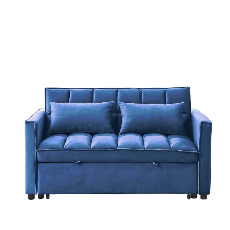53.94Inch Convertible Sleeper Sofa with Two Side Pockets and 2 Pillows - Blue