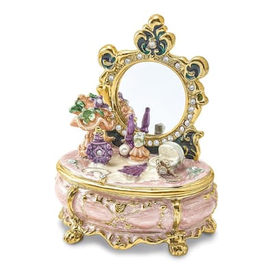 Curata Pewter Crystals Gold-Tone Enameled Vanity Dressing & Makeup Table Trinket Box on 18 Inch Necklace