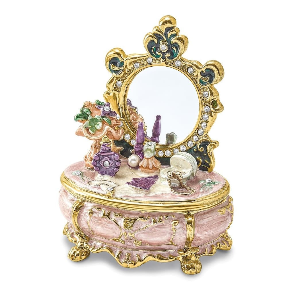 Curata Pewter Crystals Gold-Tone Enameled Vanity Dressing & Makeup Table Trinket Box on 18 Inch Necklace
