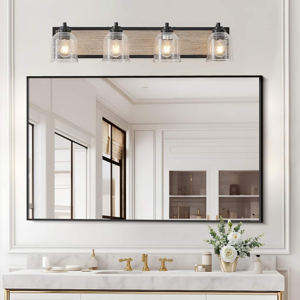 32" Farmhouse Vanity Light Fixture, 4-Light Bathroom Wall Sconce with Clear Seeded Glass Shades, Black and Wood Grain Finish