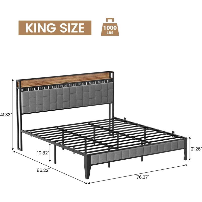 Gray Upholstered Bed Frame with LED Lights, Charging Station & Storage Headboard, No Box Spring Needed