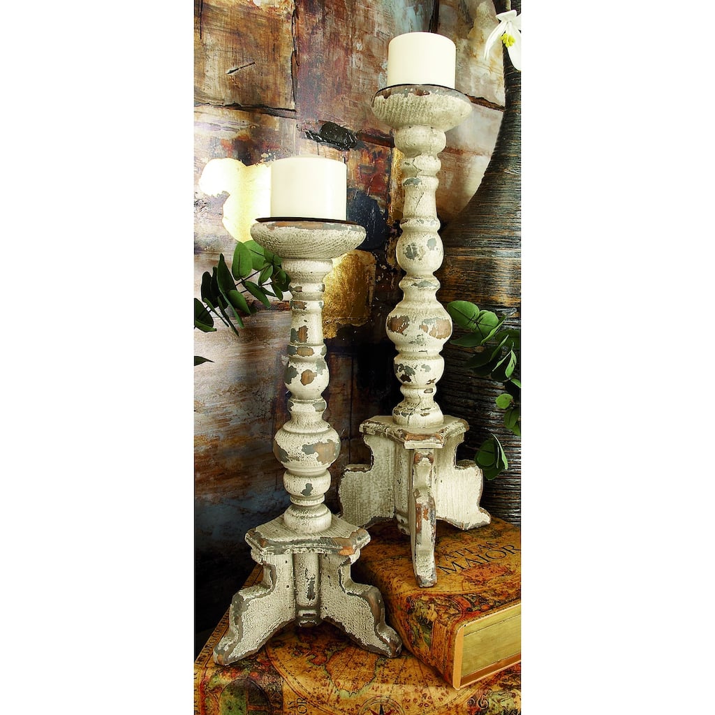 White Wood Tall Distressed Turned Decorative Candle Holder (Set of 2)