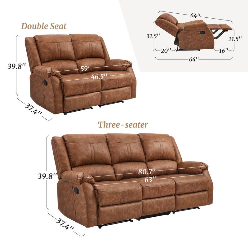 Modern Manual Recliner Chair, 2-Piece Faux Leather Reclining Sofa Set For Living Room, Black / Saddle Brown / Brown Double Color