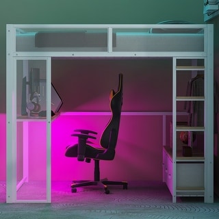 Metal Full Size Gaming Loft Bed Frame with Built-in Desk, 3 Linen Storage Drawers, Open Wardrobe & Attached Storage Stairs