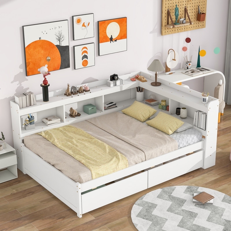 Full Bed Platform Bed with L shaped Bookcases Drawers