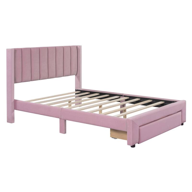 Velvet Upholstered Storage Platform Bed with a Drawer