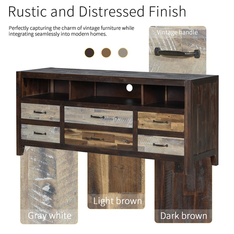 Distressed Wood TV Stand with 6 Drawers and 3 Shelves