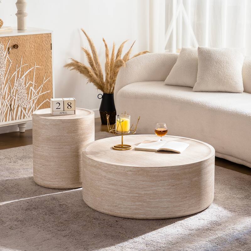 31.5'' Round Mars Pattern Coffee Table - Modern Drum Design, No Assembly Needed