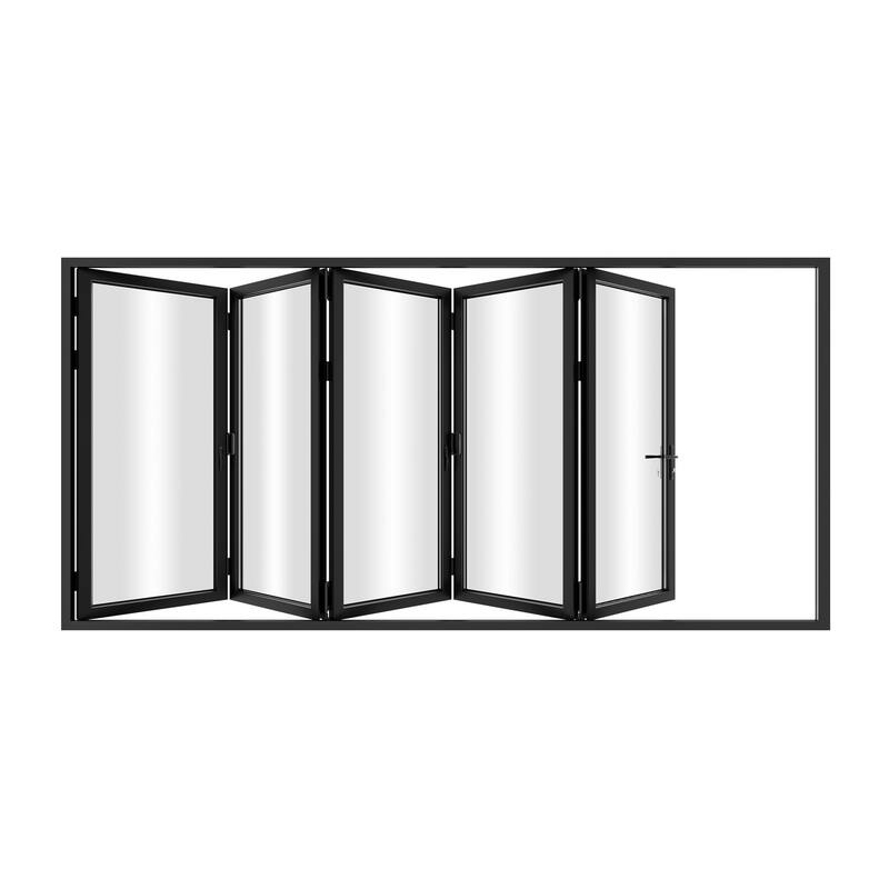KaMic 168"×96" 5 Panels Aluminum Folding Door In Black,Folded Out From Left To Right Model #:FD5PBK16896-LR