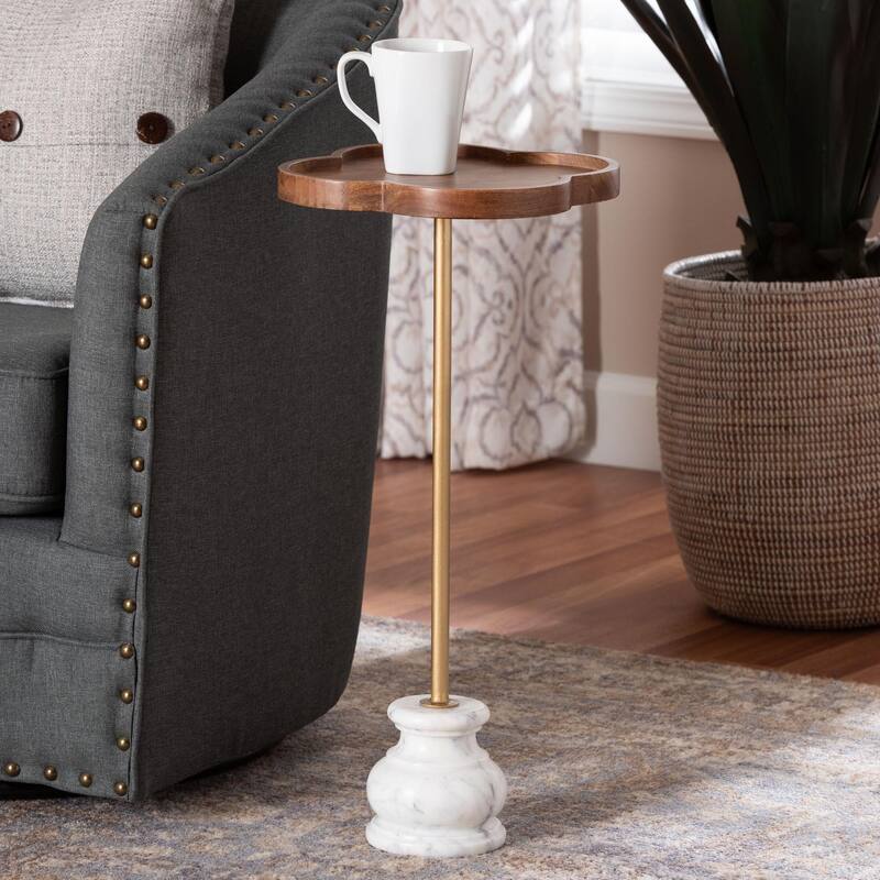 Gezana Drink Table with Marble Base - Compact Pedestal Accent Table with Clover Tray Top for Living Room or Sofa Side