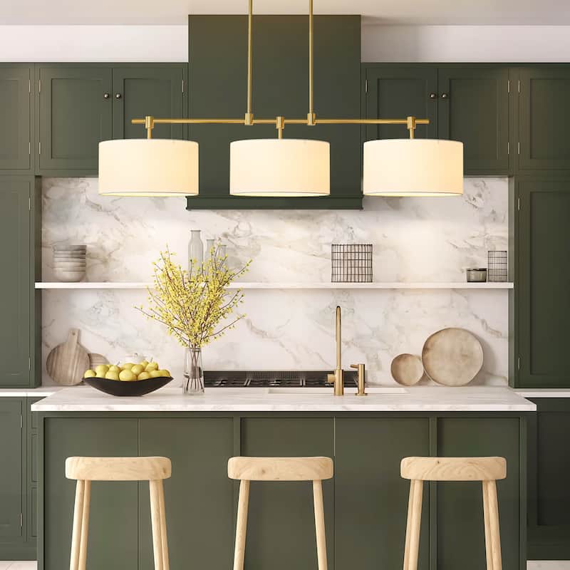 3-Light Modern Linear Drum Fabric Pendant/Kitchen Island Lights for Dining Room