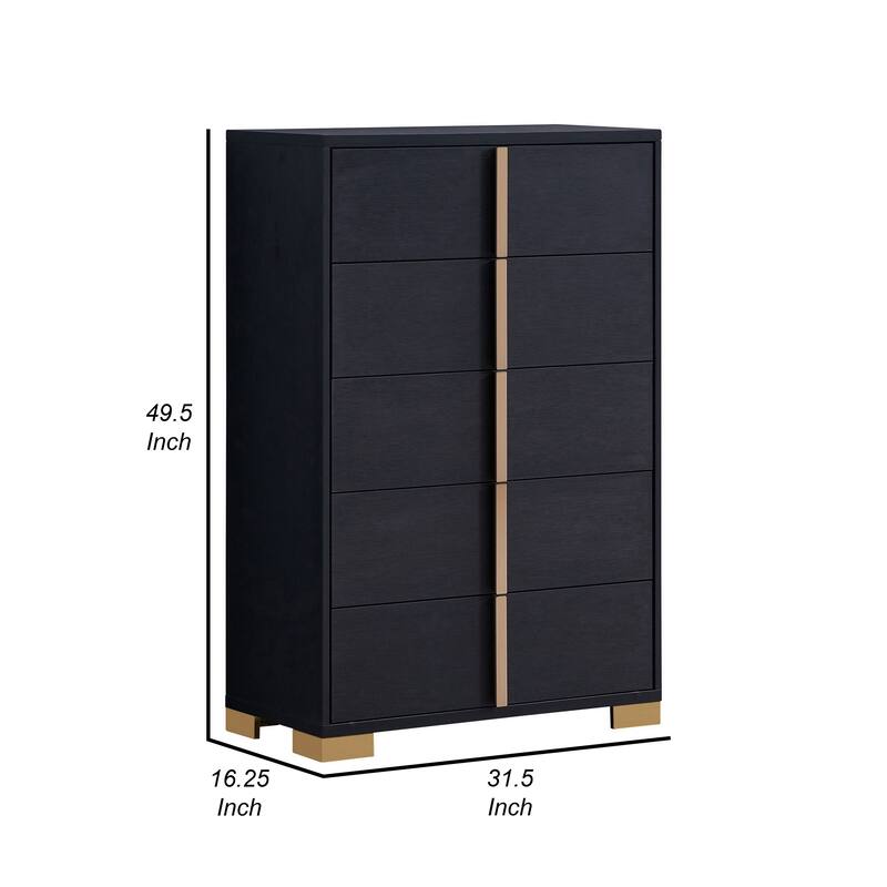 Dex 50 Inch Tall Dresser Chest, 5 Drawers with Vertical Gold Handles, Black