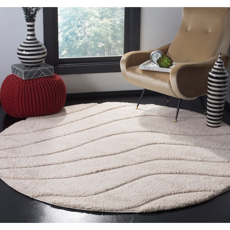 SAFAVIEH Florida Shag Hervor Soft Serene Waves 1.2-inch Thick Rug - 6'7" Round - Creme - Round