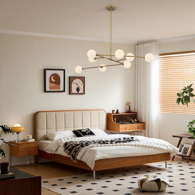 8-Light Mid - Century Modern Brass Sputnik Chandelier with Frosted Glass Globes