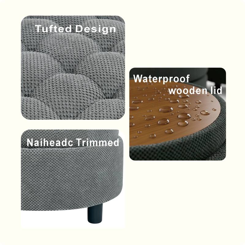 Round Storage Ottoman with Lift-Off Tray and Upholstered Fabric