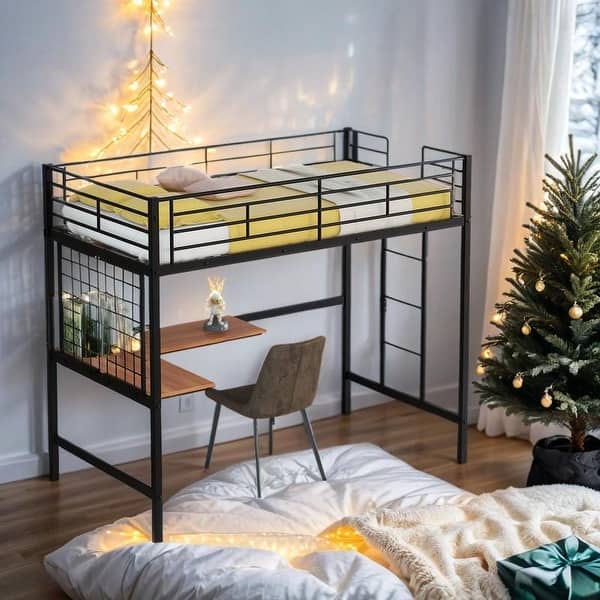 slide 2 of 14, Industrial Modern Twin Metal Loft Bed with Desk and Metal Grid, Space-saving, Sturdy Construction & Safety Guaranteed, Black Black