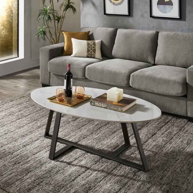 Jurmala Glossy Sintered Stone with Grey Metal Base Tables by iNSPIRE Q Modern - Coffee Table - White