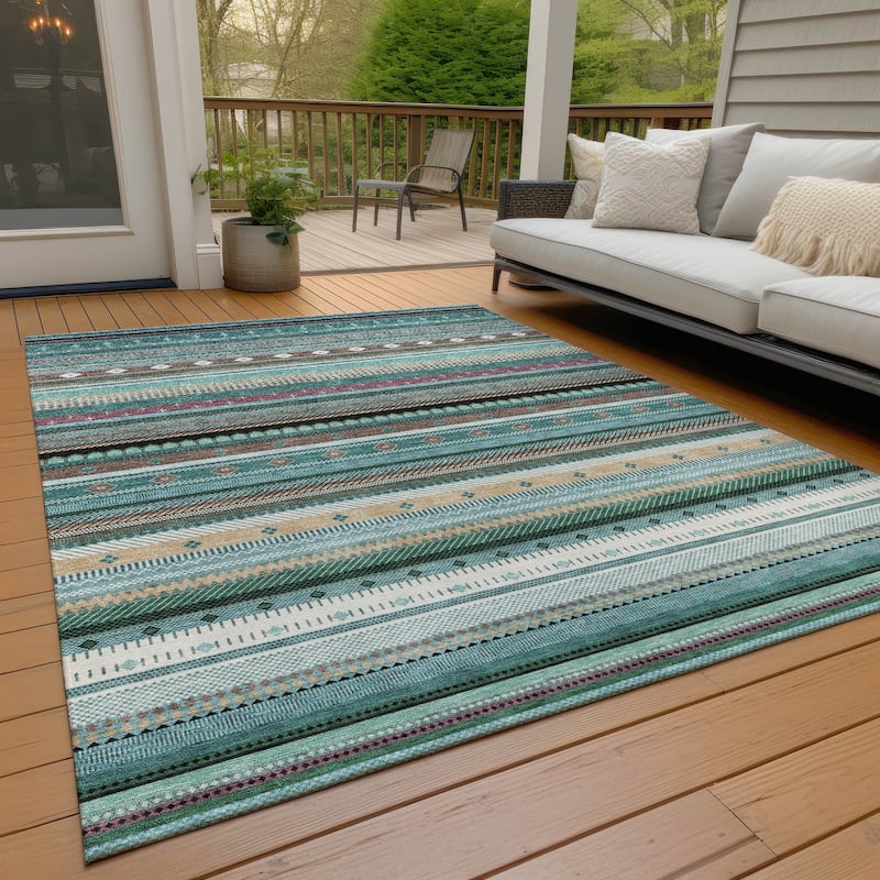 Machine Washable Indoor/Outdoor Boho Stripes Chantille Rug - Teal - 5' x 7'6"
