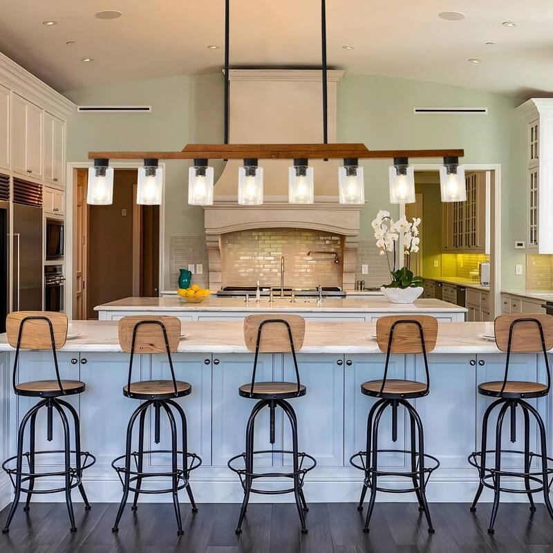 Farmhouse Chandelier for Dining Room Kitchen Island Rustic Wood Linear Pendant Light with Seed Glass Shade