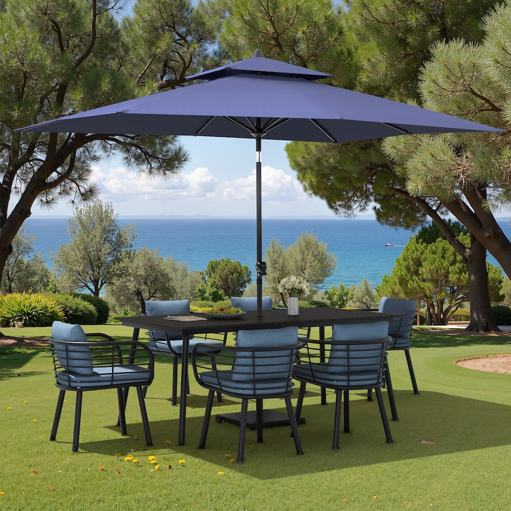 9PC Outdoor Patio Dining Set Aluminum Table with Sunbrella Cushion Chairs w/ Premium Market Umbrella Sets