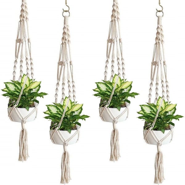 slide 1 of 6, Macrame Plant Hanger (4 Pack) Indoor Outdoor Hanging Plant Pots Cotton Rope, Elegant for Home, Patio, Garden