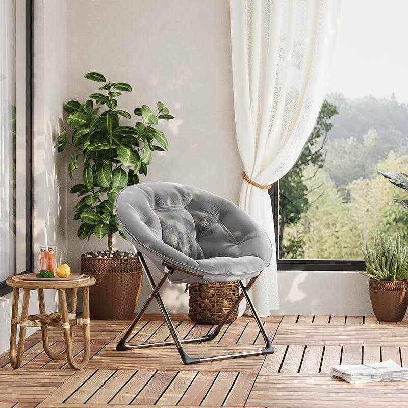 Comfy Folding Saucer Chair for Bedroom, Faux Fur Lounge Moon Chair with Sturdy Metal Frame, Oversized Plush Flower