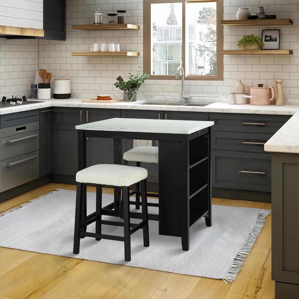Black Bar Table and Chairs Tall Kitchen Breakfast Nook with Stools, Storage Shelves